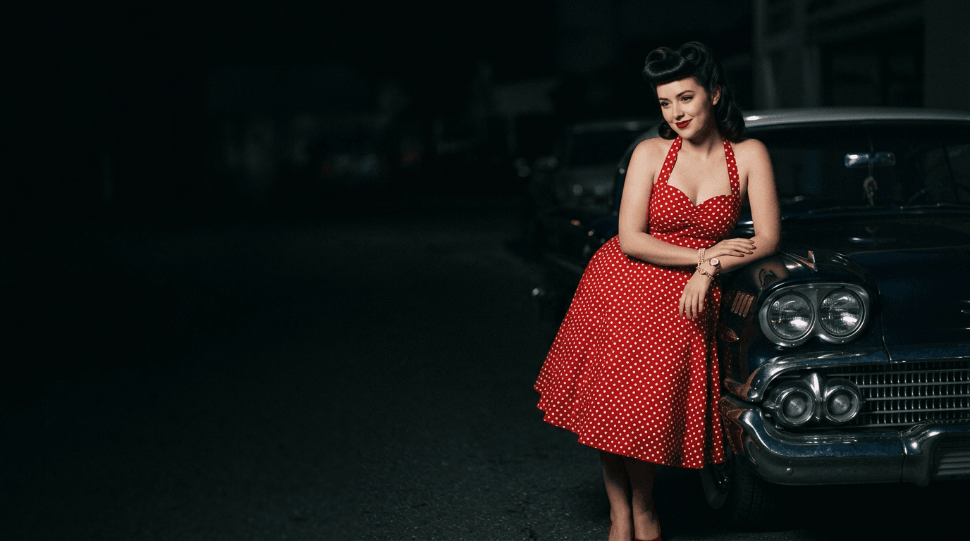 Sample pin-up loop: a woman in a red polka-dot halter dress leaning on a vintage car at night