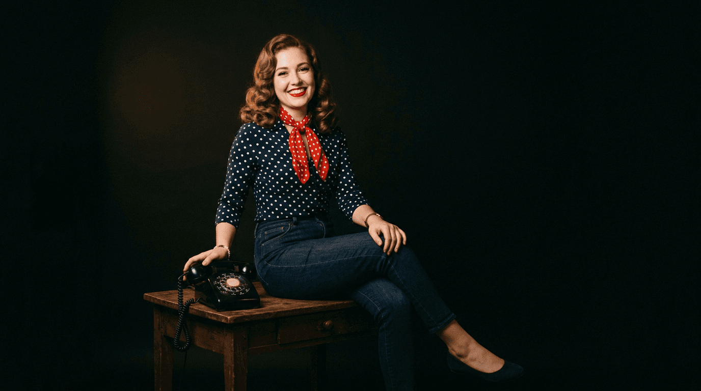Sample pin-up loop: a smiling woman in a polka-dot blouse and red scarf sitting by a rotary telephone