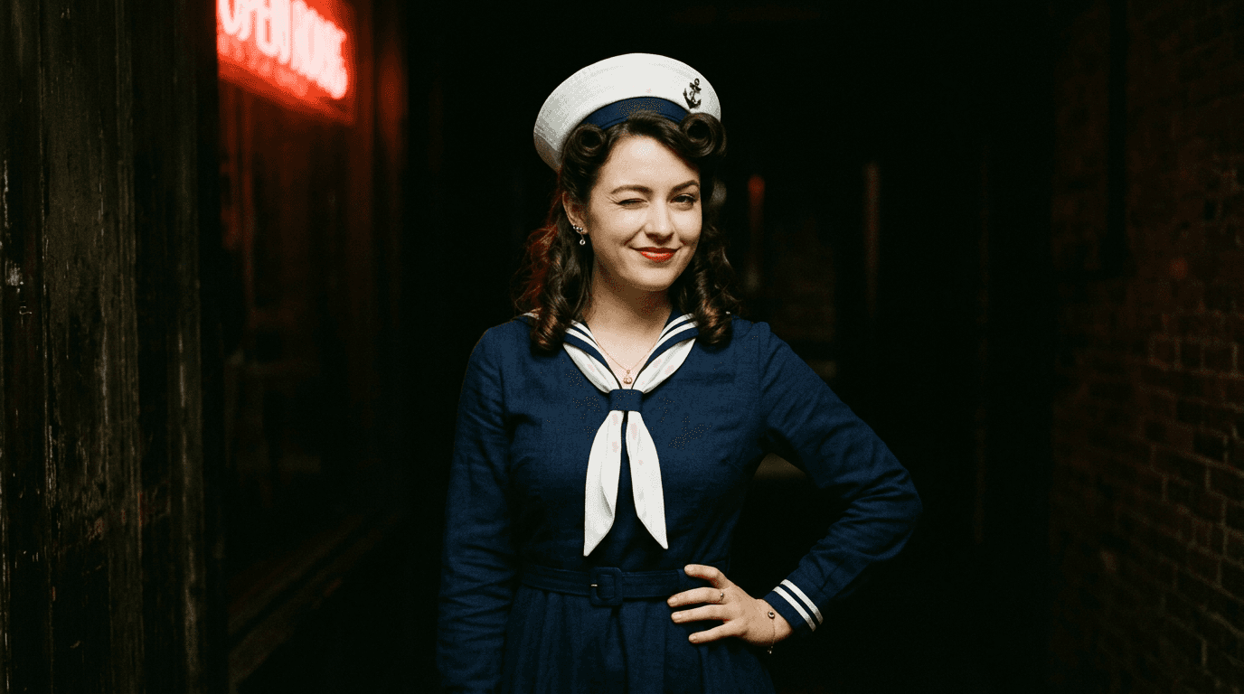 Sample pin-up loop: a woman in a navy sailor-style outfit winking under a red neon glow