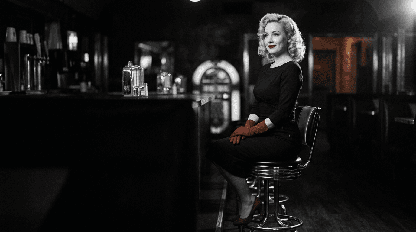 Sample pin-up loop: a blonde woman in a black dress and red gloves on a chrome diner stool