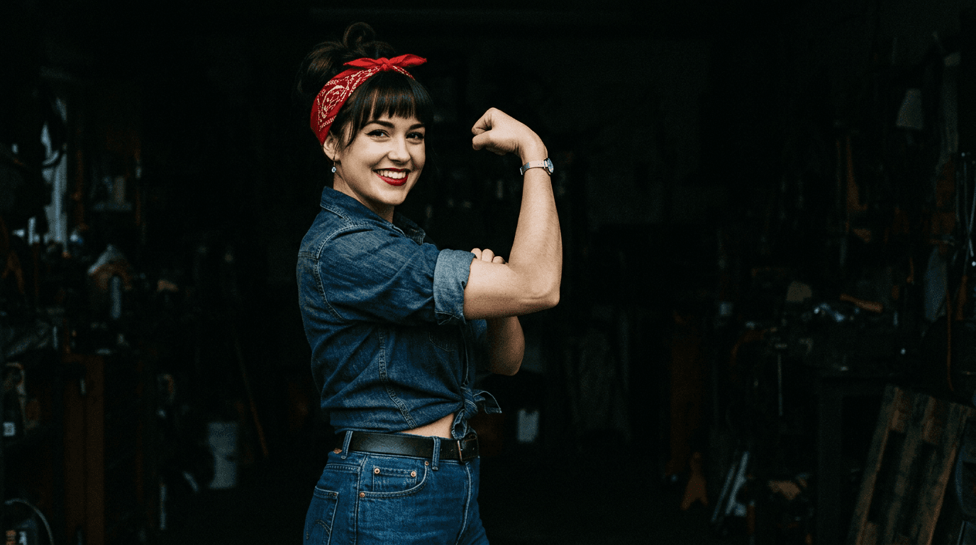 Sample pin-up loop: a woman in a red bandana and denim shirt flexing in a workshop